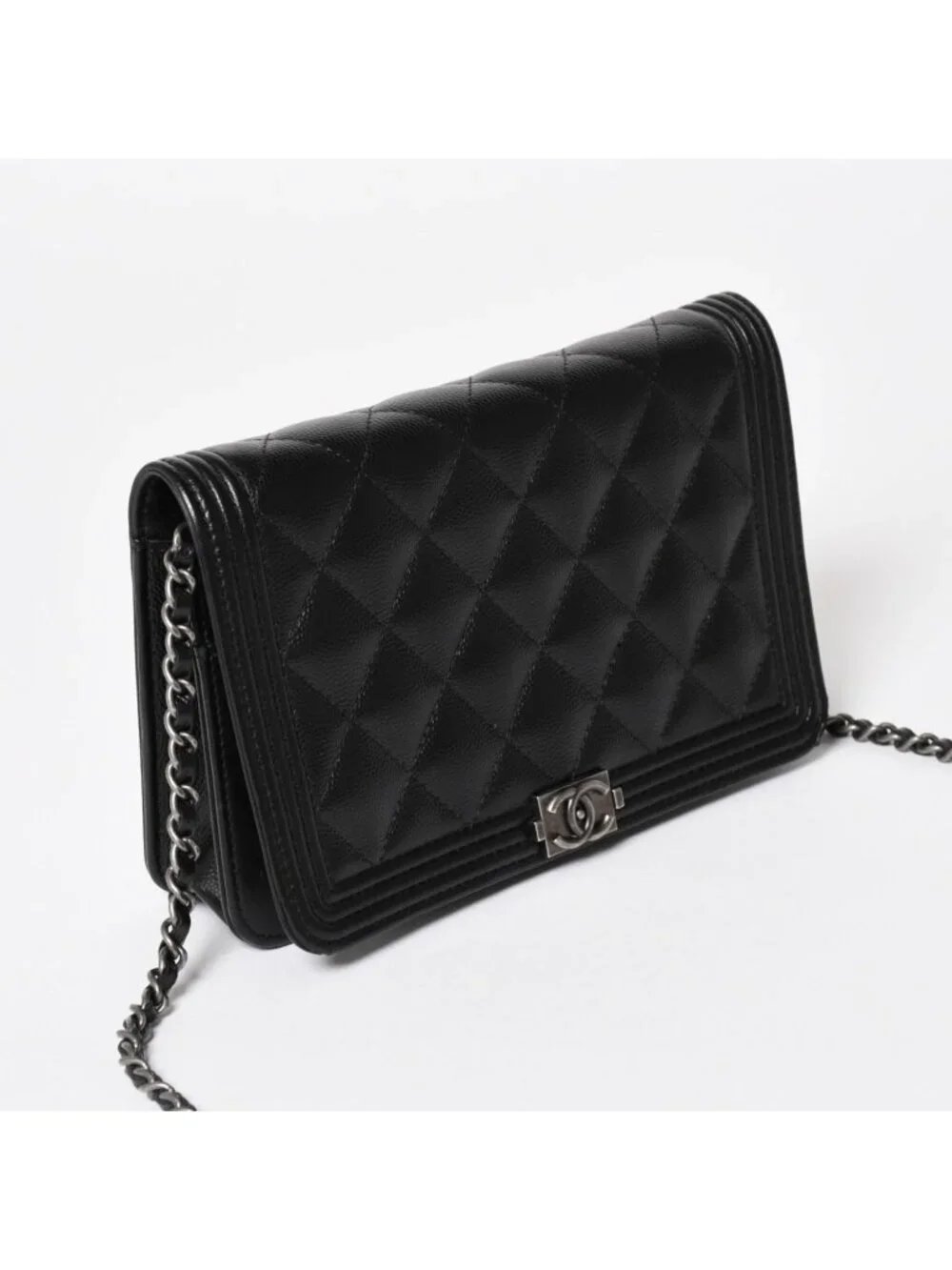 Chanel Boy Chain Shoulder Bag Caviar Leather CC Logo Black Silver